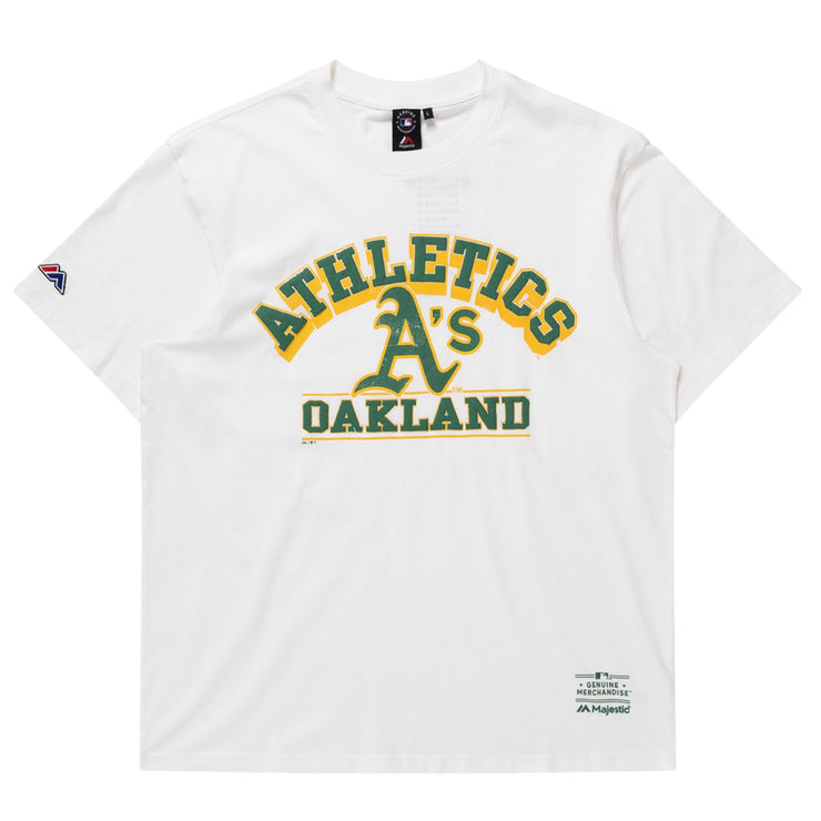 Majestic MLB Cracked Puff Arch Tee Oakland Athletics Vintage White