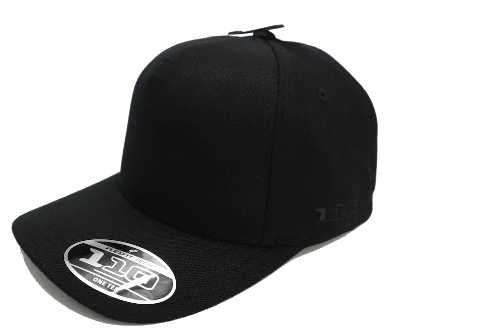 Black snapback cap with flat brim and Flexfit 110 sticker, plain design