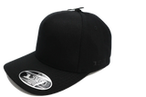 Black snapback cap with flat brim and Flexfit 110 sticker, plain design