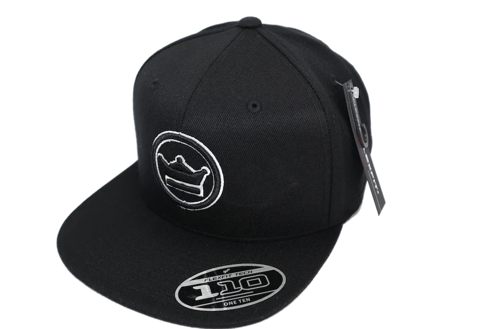 Black snapback cap with crown logo embroidery, flat brim and adjustable sticker tag