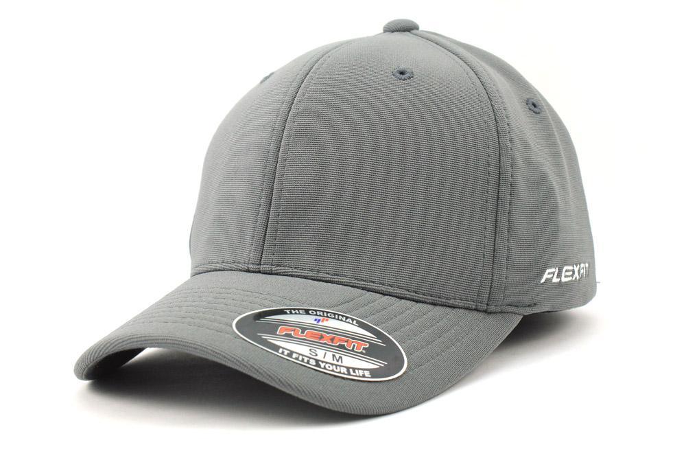 Grey Flexfit sports cap with curved brim and stitched panels on white background