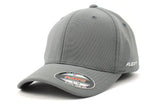 Grey Flexfit sports cap with curved brim and stitched panels on white background