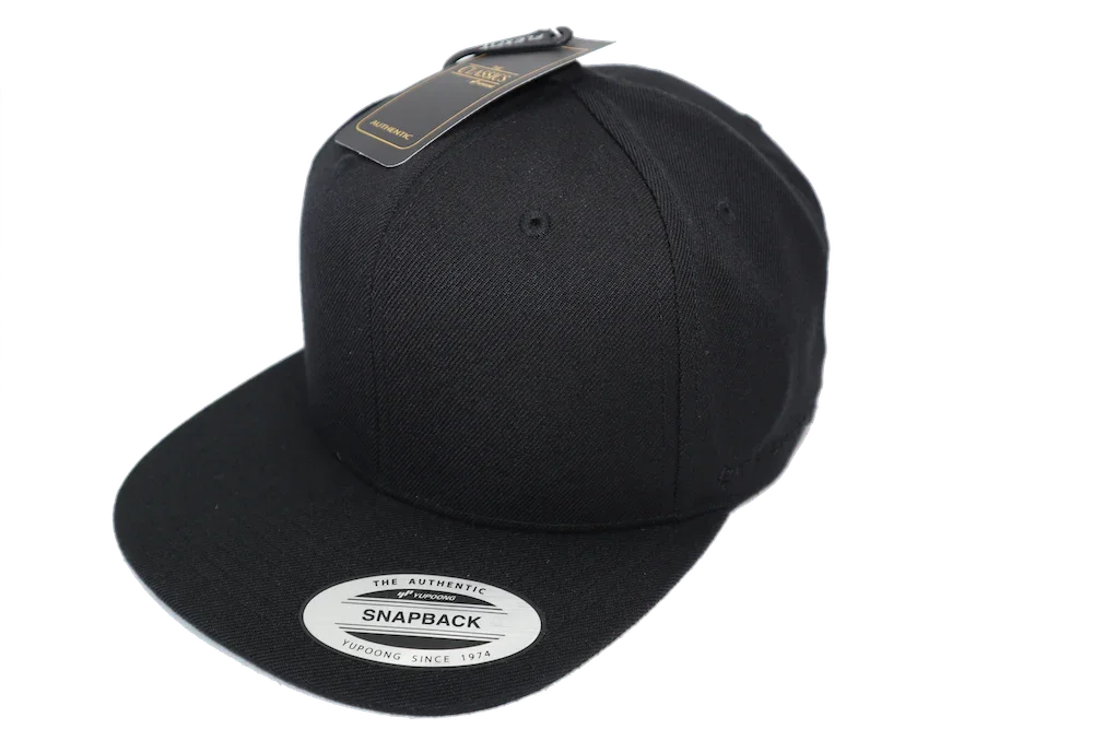 Black snapback cap with flat brim and tag, sports hat fashion accessory