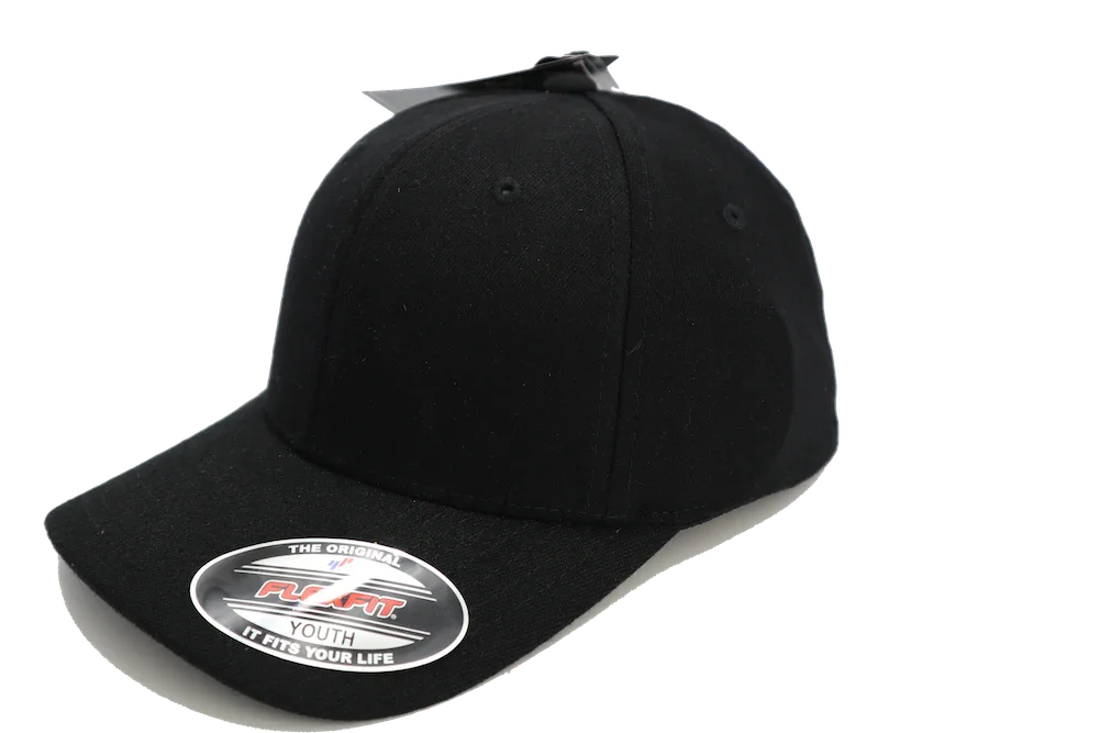 Black youth fitted cap with curved brim and Flexfit sticker on the visor
