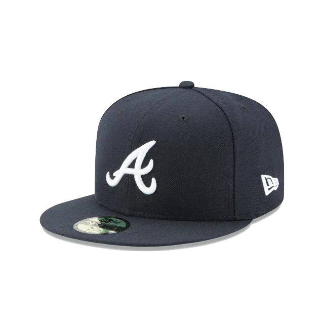 Black fitted baseball cap with white embroidered A logo and New Era branding
