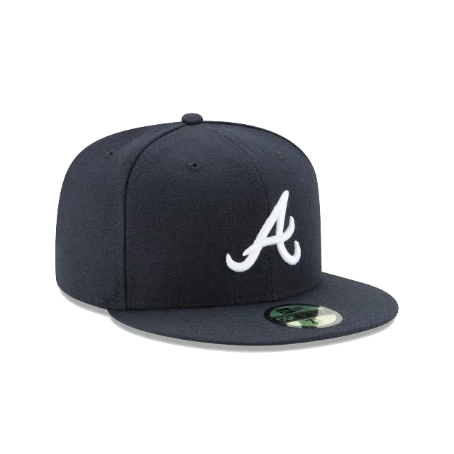Navy blue fitted baseball cap with white A logo and flat brim