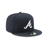 Navy blue fitted baseball cap with white A logo and flat brim