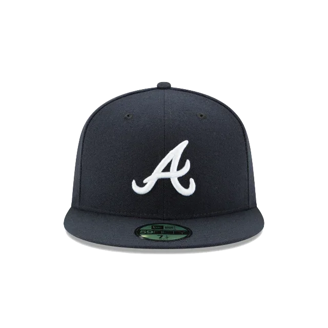 Navy blue fitted baseball cap with white embroidered A logo, flat brim, sports hat