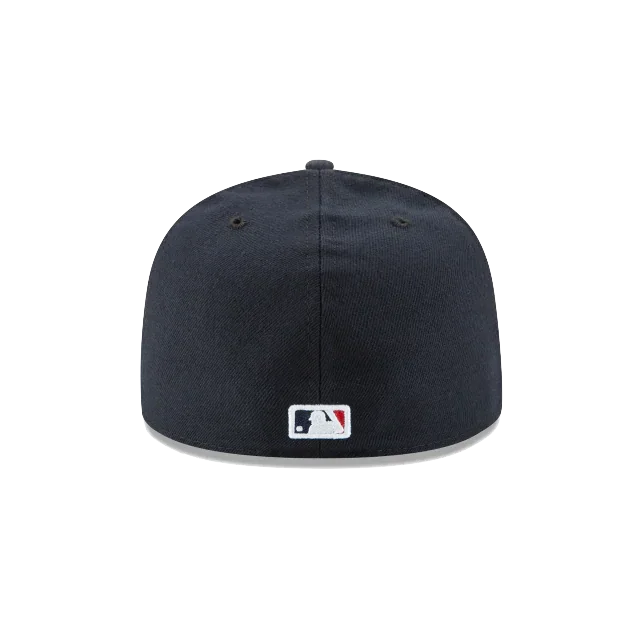 Black fitted baseball cap rear view with MLB logo, sports hat for men or women