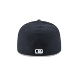 Black fitted baseball cap rear view with MLB logo, sports hat for men or women