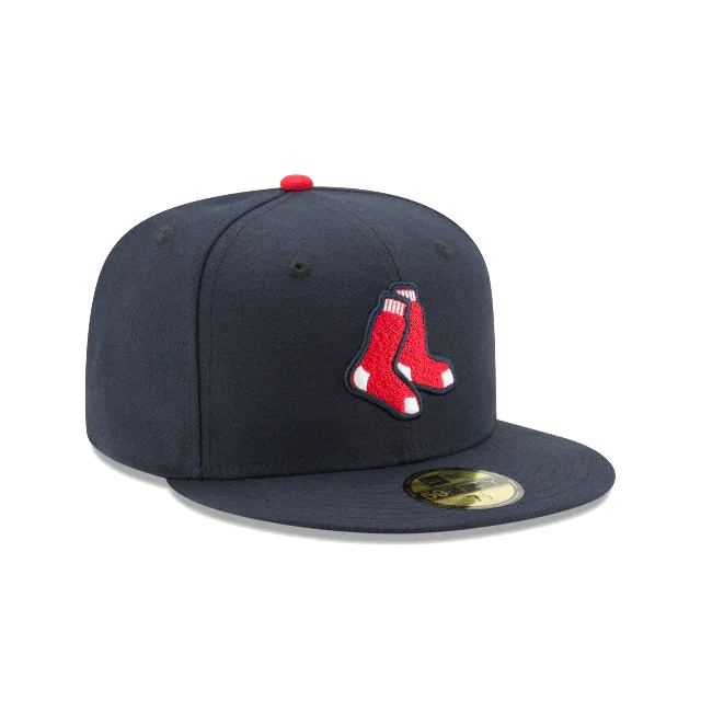 Navy blue fitted cap with red socks logo, flat brim, MLB baseball team hat