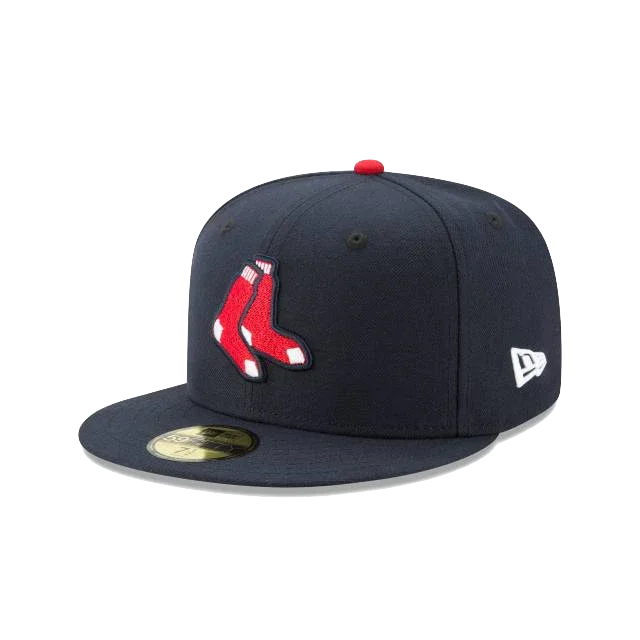 Navy blue fitted baseball cap with red socks logo and New Era branding