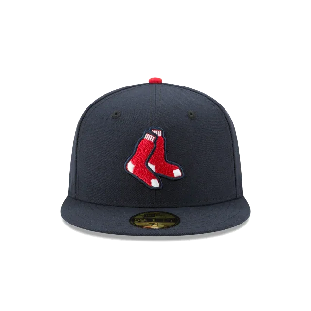 Navy blue fitted baseball cap with red socks logo embroidered on the front