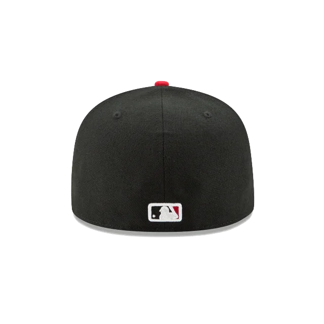 Back view of a black fitted baseball cap with MLB logo and red button on top