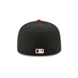 Back view of a black fitted baseball cap with MLB logo and red button on top