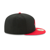 Black and red fitted sports cap with flat brim, side view