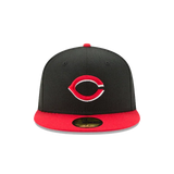 Black and red fitted baseball cap with embroidered C logo on front panel