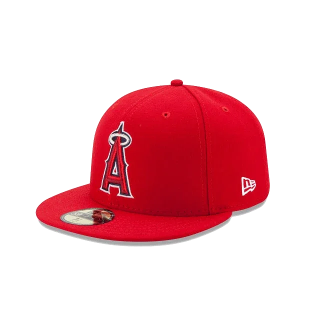 Red fitted baseball cap with embroidered "A" logo, flat brim, and New Era branding