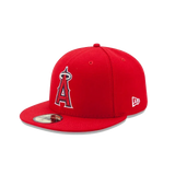 Red fitted baseball cap with embroidered "A" logo, flat brim, and New Era branding