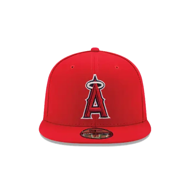 Red fitted baseball cap with embroidered A and halo logo on the front
