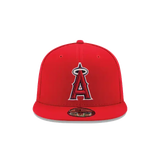 Red fitted baseball cap with embroidered A and halo logo on the front