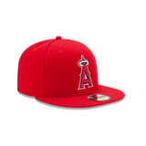 Red fitted baseball cap with embroidered A logo and flat brim, sports hat style