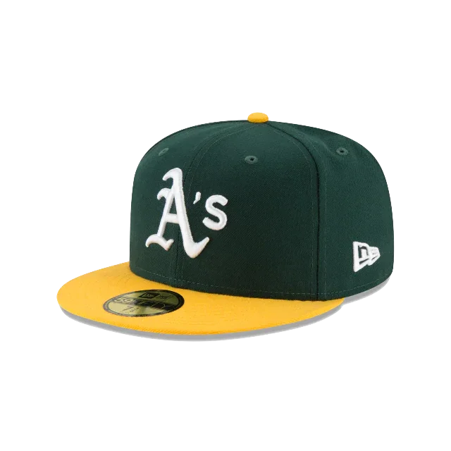 Green and yellow fitted cap with embroidered A's logo, flat brim, classic baseball hat style
