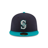 Navy and teal baseball cap with embroidered S logo on front, flat brim sports hat