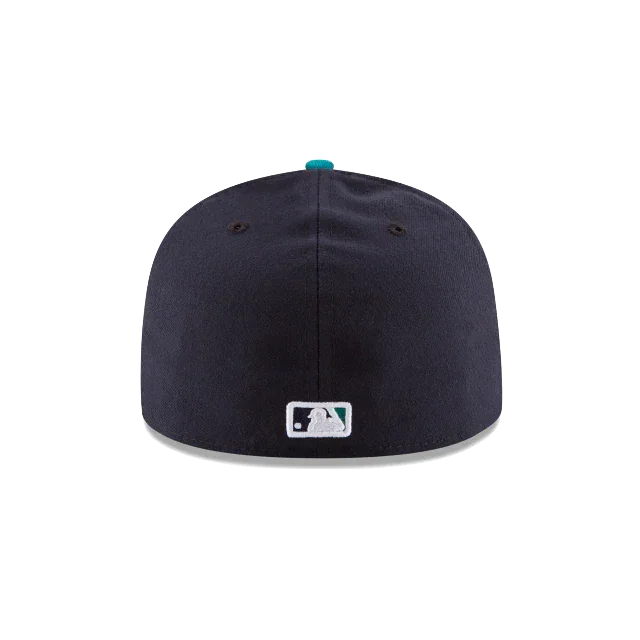 Back view of black fitted MLB baseball cap with turquoise button and white league logo