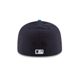 Back view of black fitted MLB baseball cap with turquoise button and white league logo