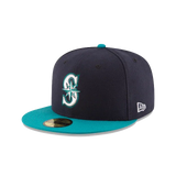 Navy blue and teal baseball cap with front embroidered sports logo and flat brim