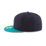 Black fitted sports cap with teal flat brim, side view on white background