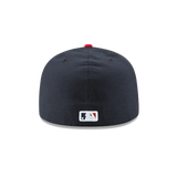 Back view of navy fitted MLB cap with official league logo and red top button