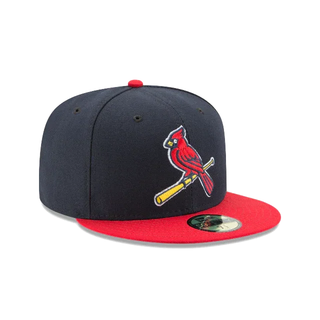 Black and red MLB snapback cap with embroidered cardinal bird logo on front panel