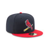 Black and red MLB snapback cap with embroidered cardinal bird logo on front panel