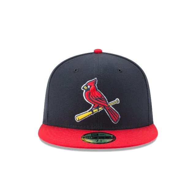 Navy and red fitted baseball cap with cardinal bird and bat logo on front