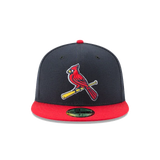 Navy and red fitted baseball cap with cardinal bird and bat logo on front