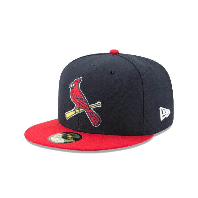 Navy and red snapback cap with embroidered cardinal baseball logo on front panel