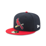 Navy and red snapback cap with embroidered cardinal baseball logo on front panel
