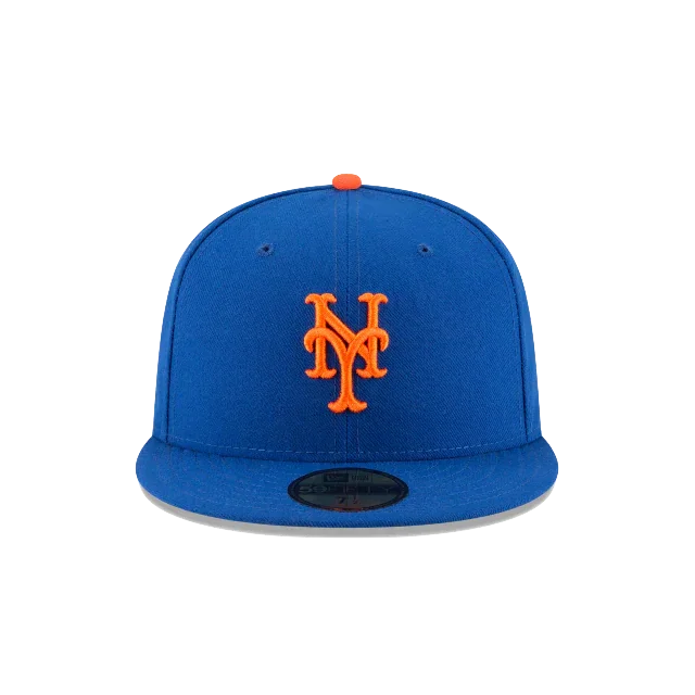 Blue fitted cap with orange NY logo, flat brim, sports team hat.