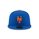 Blue fitted cap with orange NY logo, flat brim, sports team hat.
