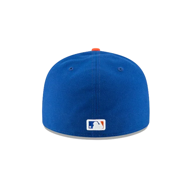 Blue MLB fitted baseball cap rear view with league logo patch
