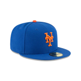 Blue New York Mets fitted cap with orange embroidered logo and flat brim