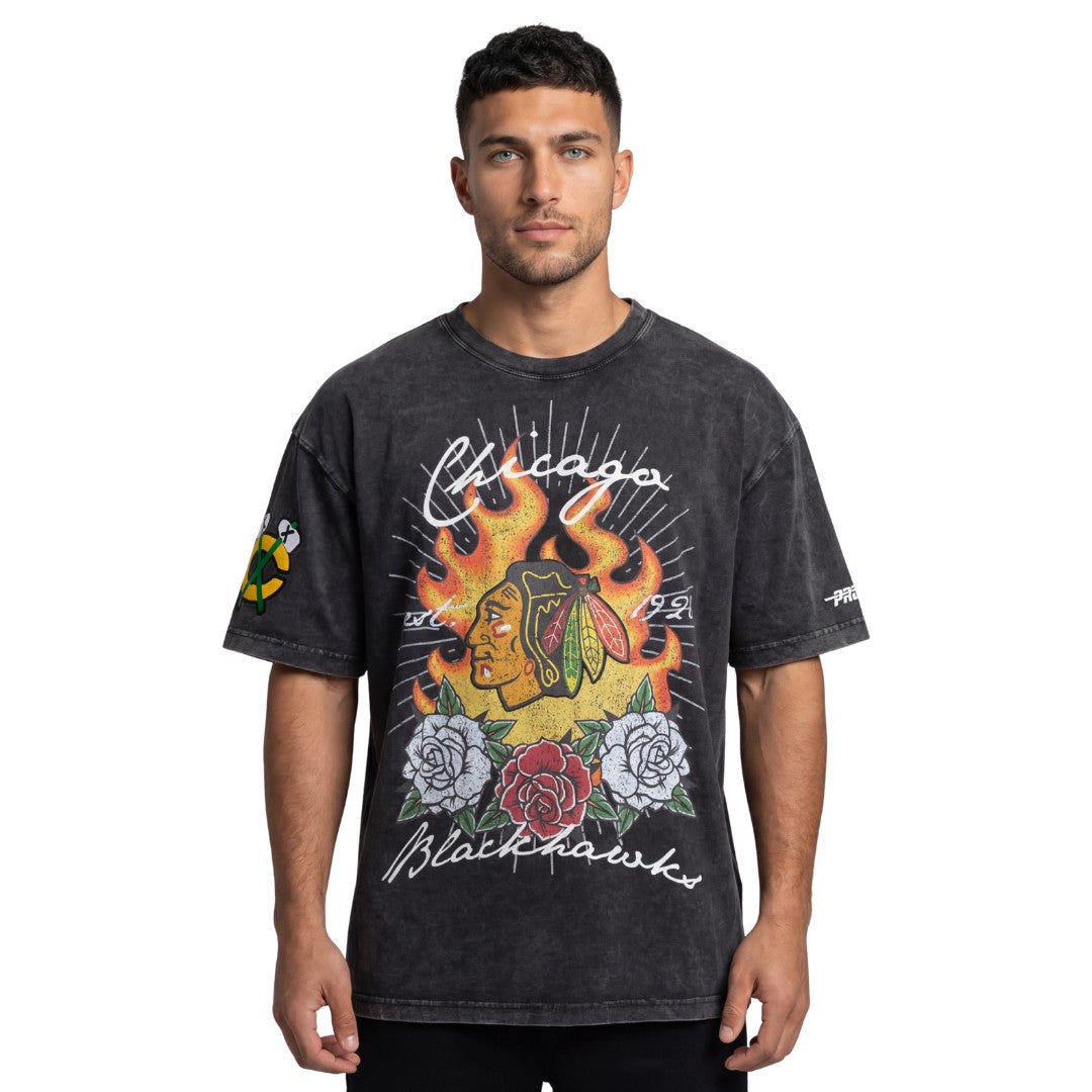 Pro Standard NHL Fire & Roses Drop Shoulder Tee Chicago Blackhawks Washed Black