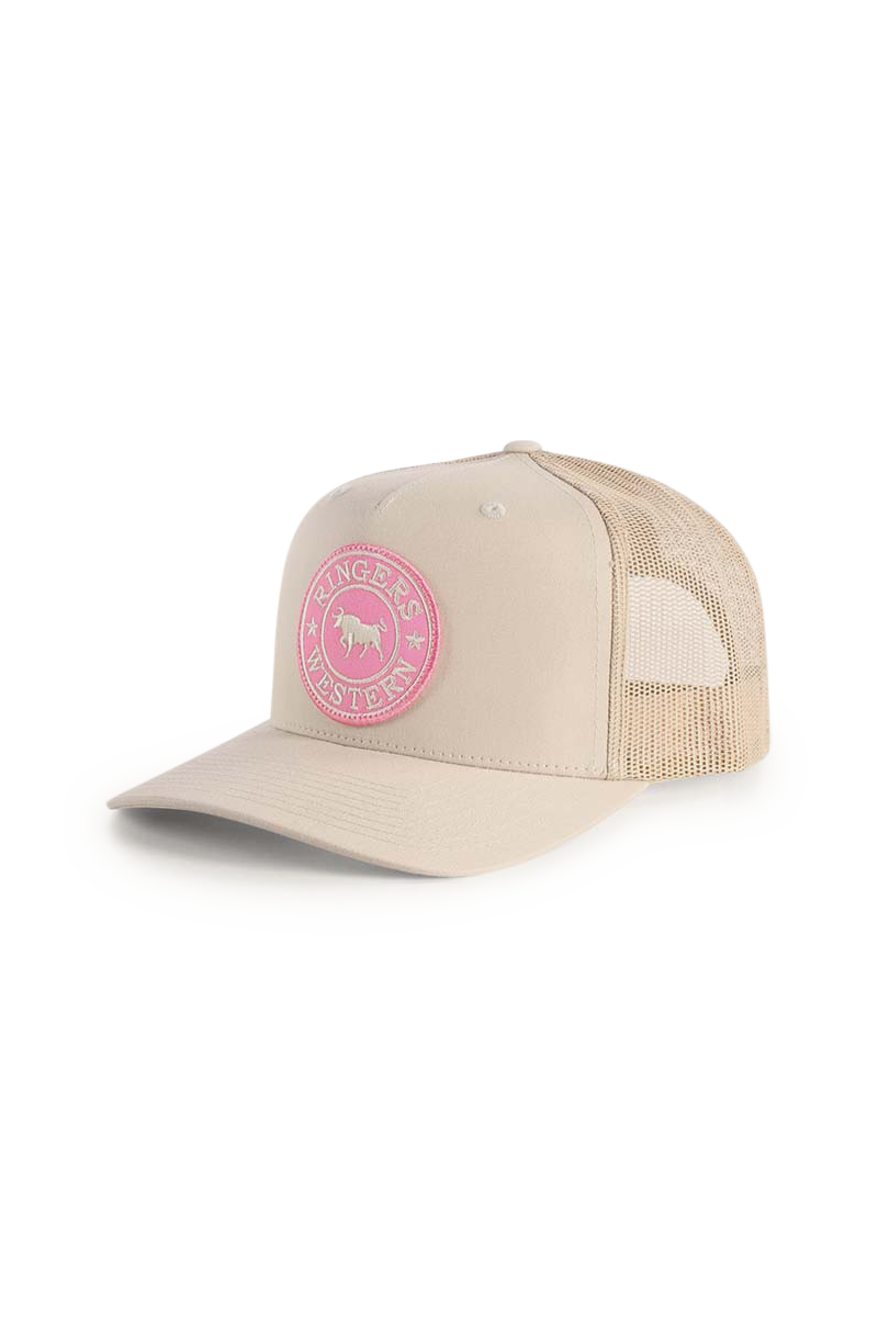 Ringers Western Signature Bull Trucker Cap Bone with Pink & Bone Patch