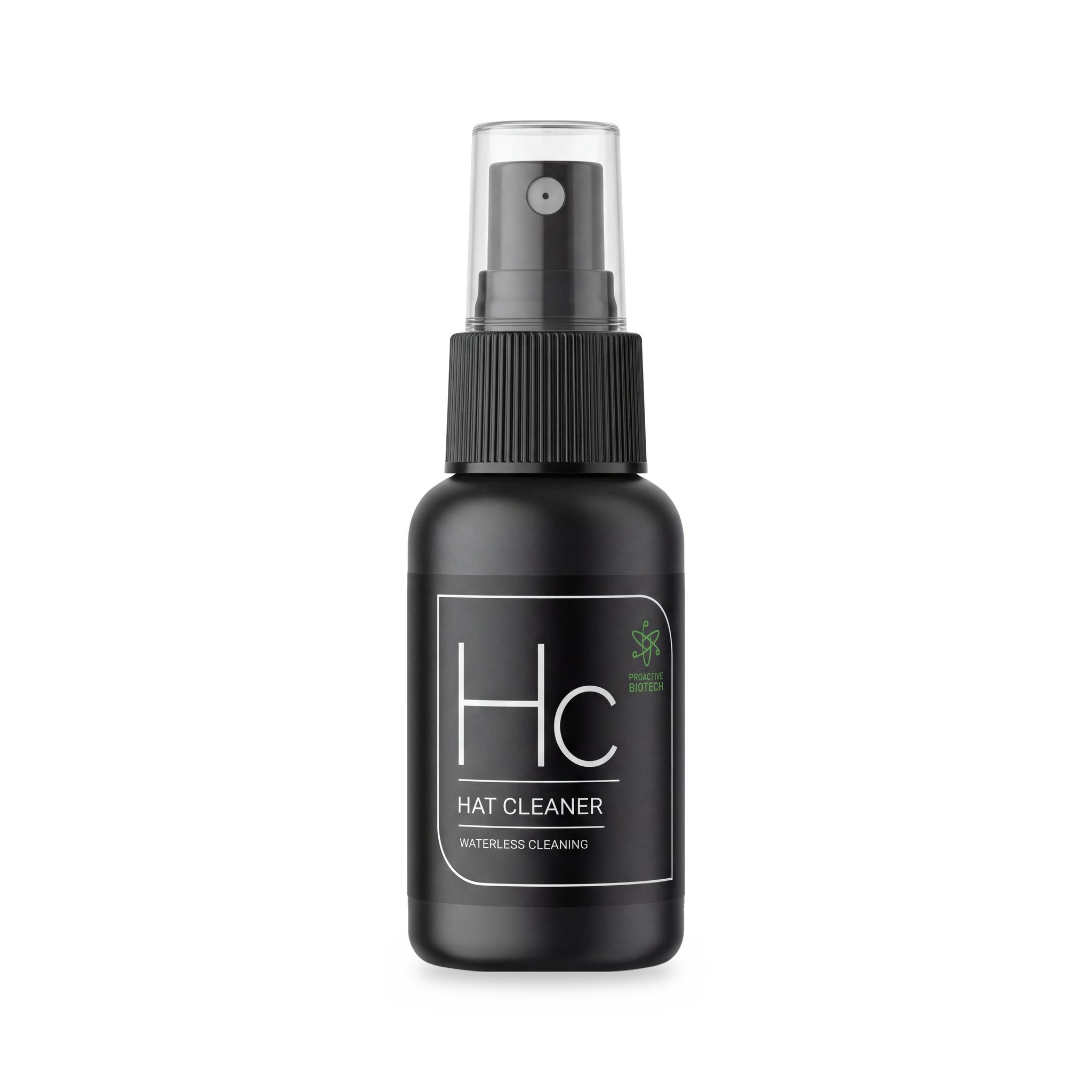 Black spray bottle of Hc hat cleaner for waterless hat cleaning on white background