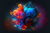 A vibrant explosion of multicolored powder, featuring bold streaks of orange, blue, red, and purple against a dark background.