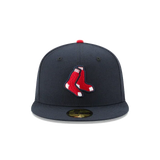 Navy blue fitted baseball cap with red socks logo embroidered on the front