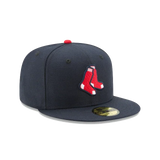 Navy blue fitted cap with red socks logo, flat brim, MLB baseball team hat