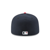 Back view of navy blue fitted MLB baseball cap with logo and red button on top